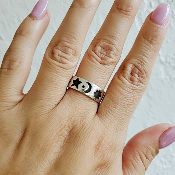 Moon Star Ring Band, Celestial Ring, Crescent Ring, Sterling Silver Women Ring, - Picture 1 of 9